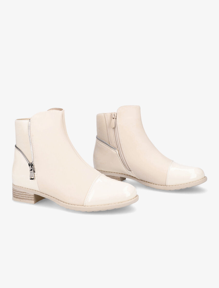 Bottines à bout vernis et zip décoratif - Beige - 4