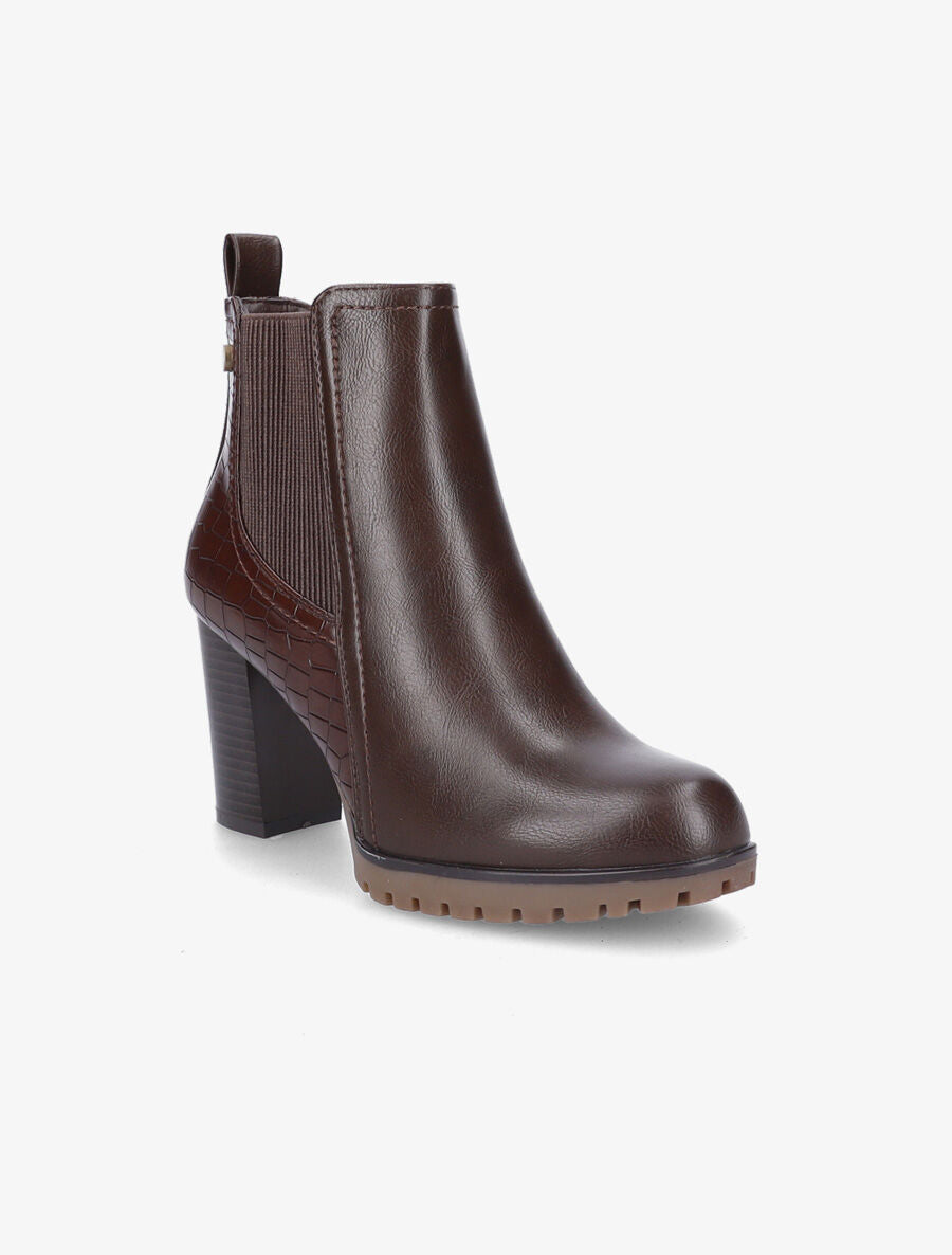 Bottines à talon haut et contrefort effet python - Marron - 2