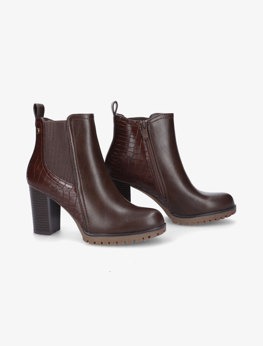 Bottines à talon haut et contrefort effet python - Marron - 4