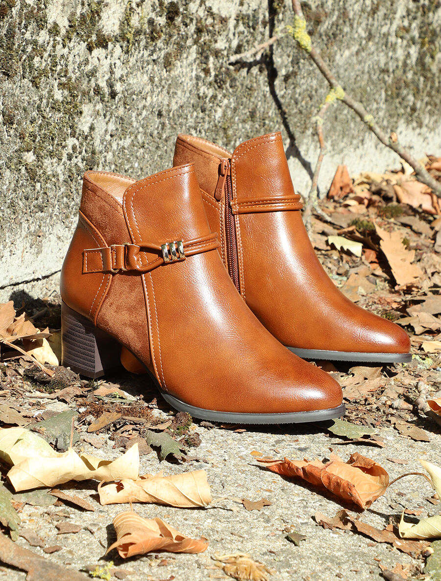 Bottines en simili et suédine à contrefort stylisé - Camel - 5