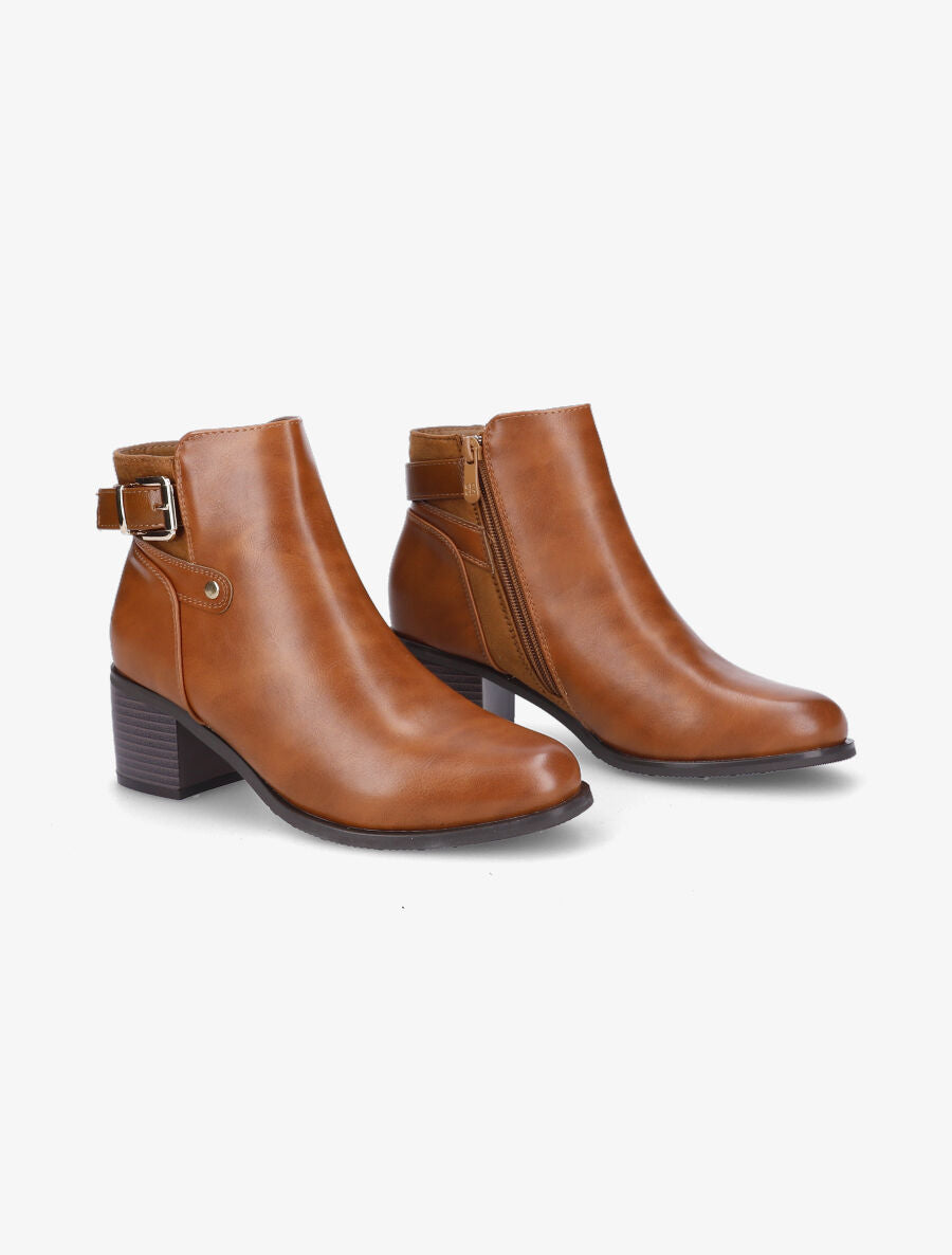 Bottines en simili et suédine à sangles - Camel - 4