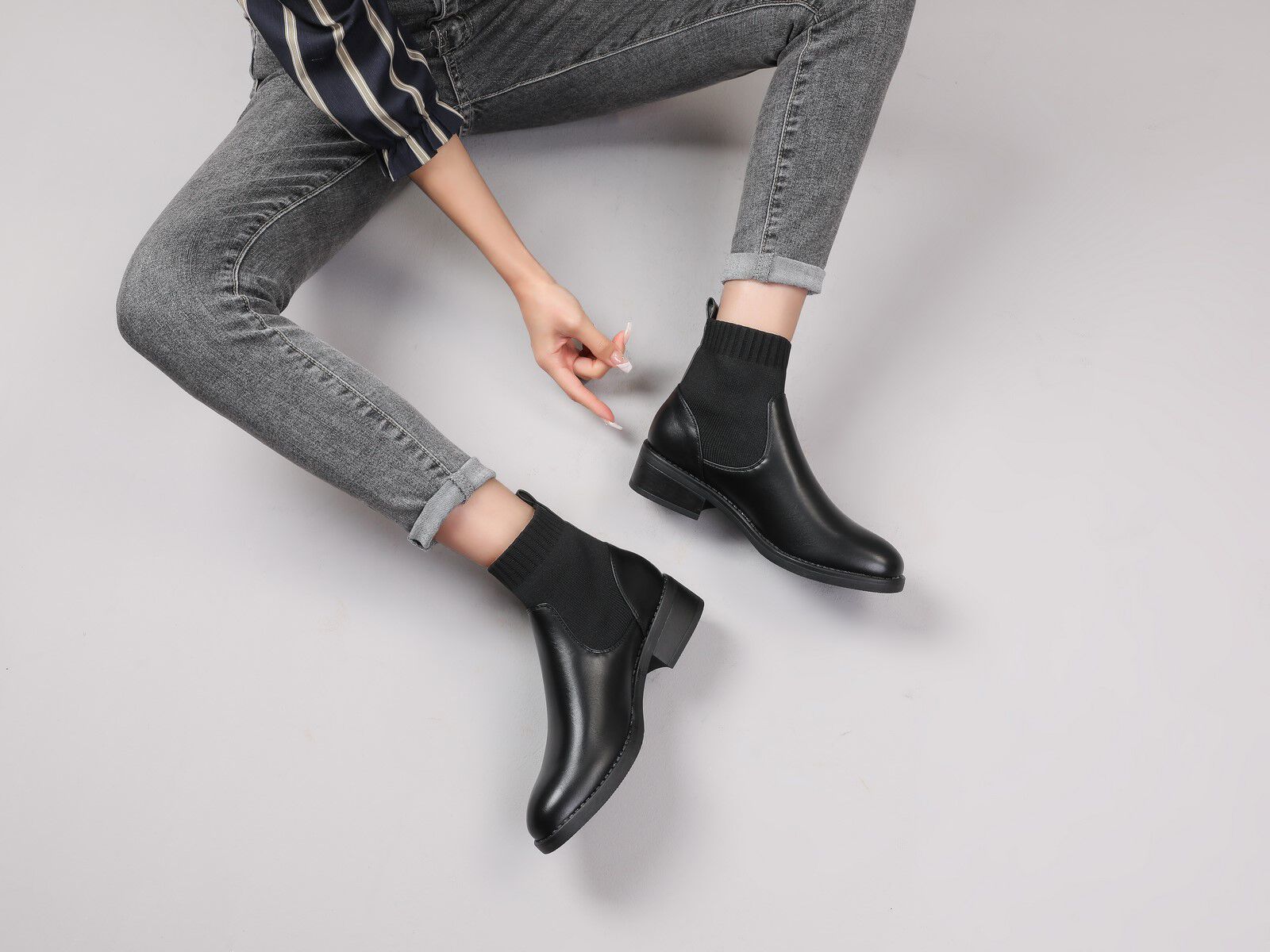 Bottines bi-matière style chaussette - Noir - 5