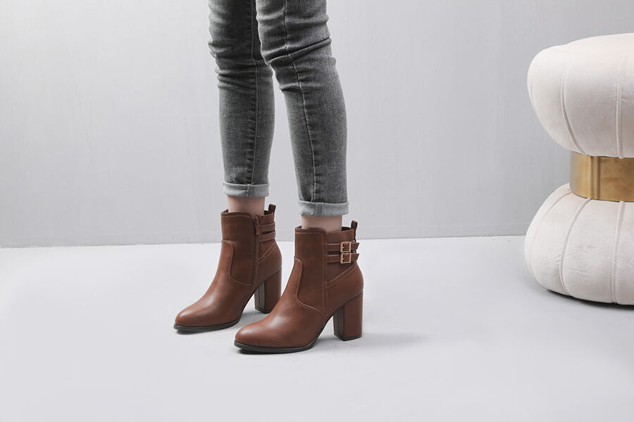 Bottines à talon et boucles en simili - Camel - 5