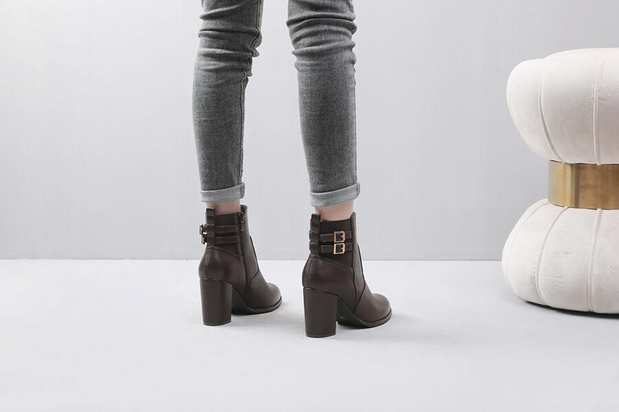 Bottines à talon et boucles en simili - Marron - 5