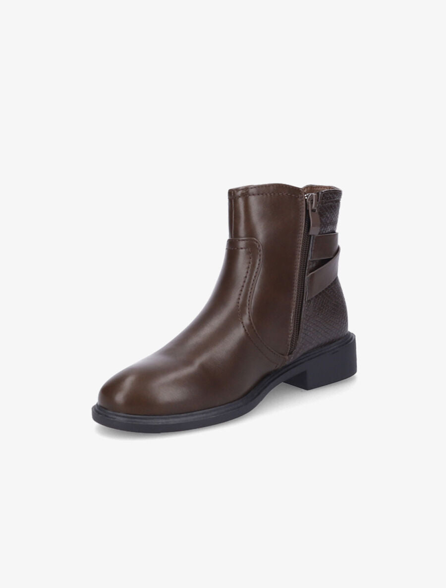 Bottines plates à contrefort effet python et sangles - Marron - 3