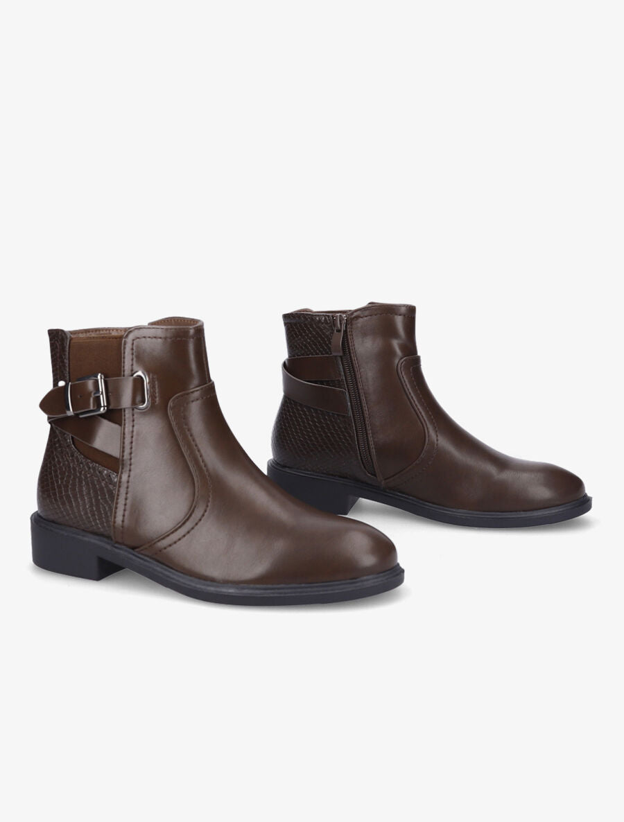 Bottines plates à contrefort effet python et sangles - Marron - 4