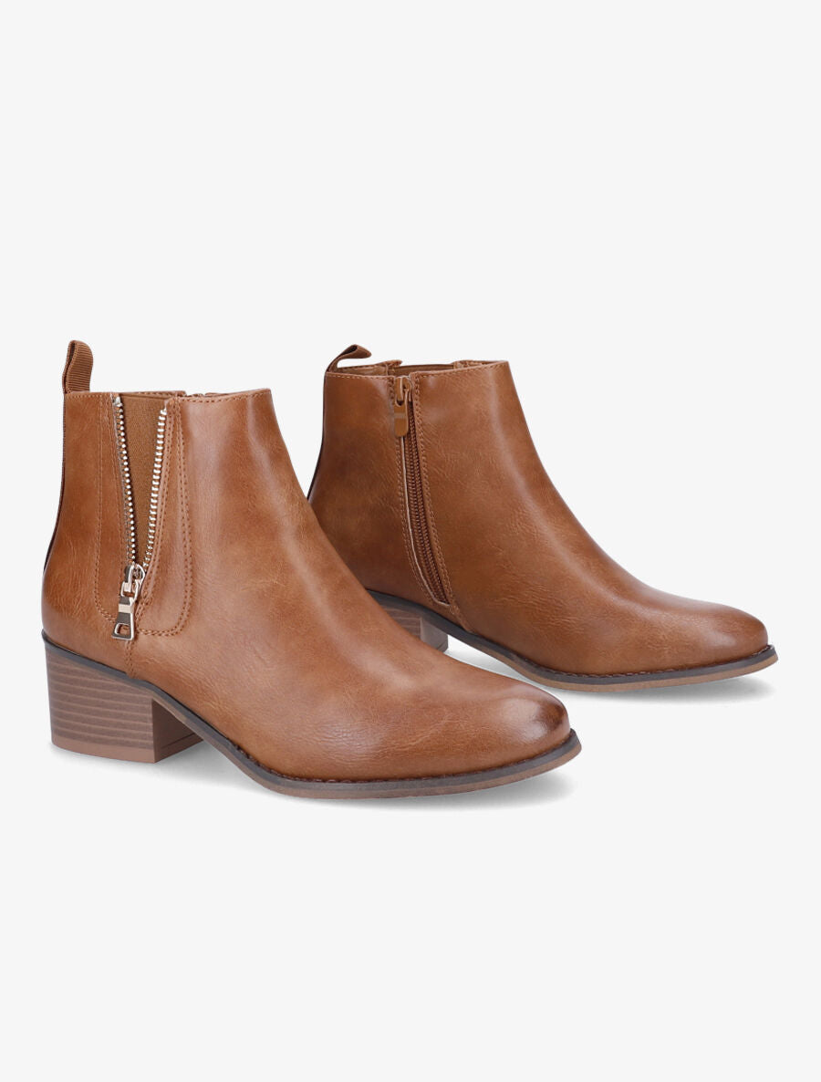 Bottines à zip en simili - Camel - 4