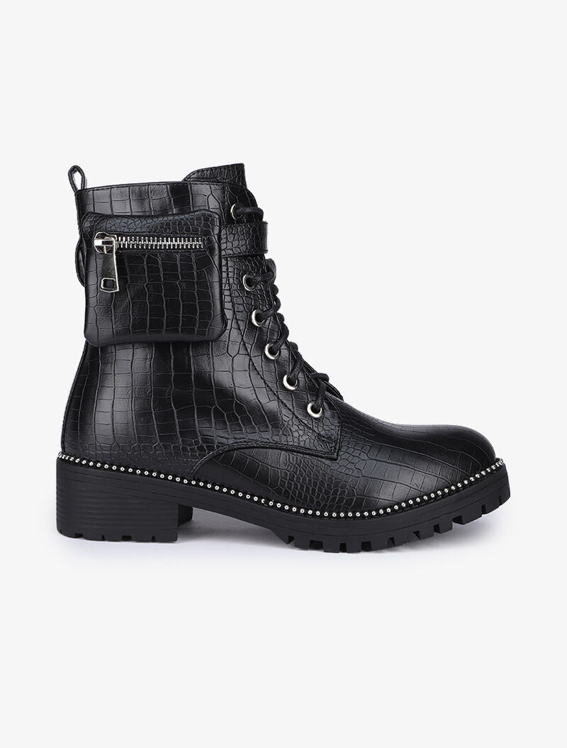 Bottines effet croco à bride et sacoche amovible - Noir - 2