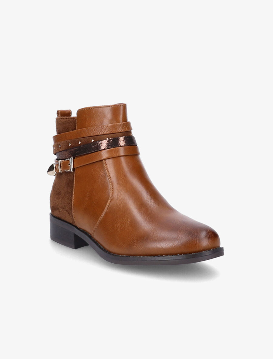 Bottines bi-matière et multi-lanières - Camel - 2