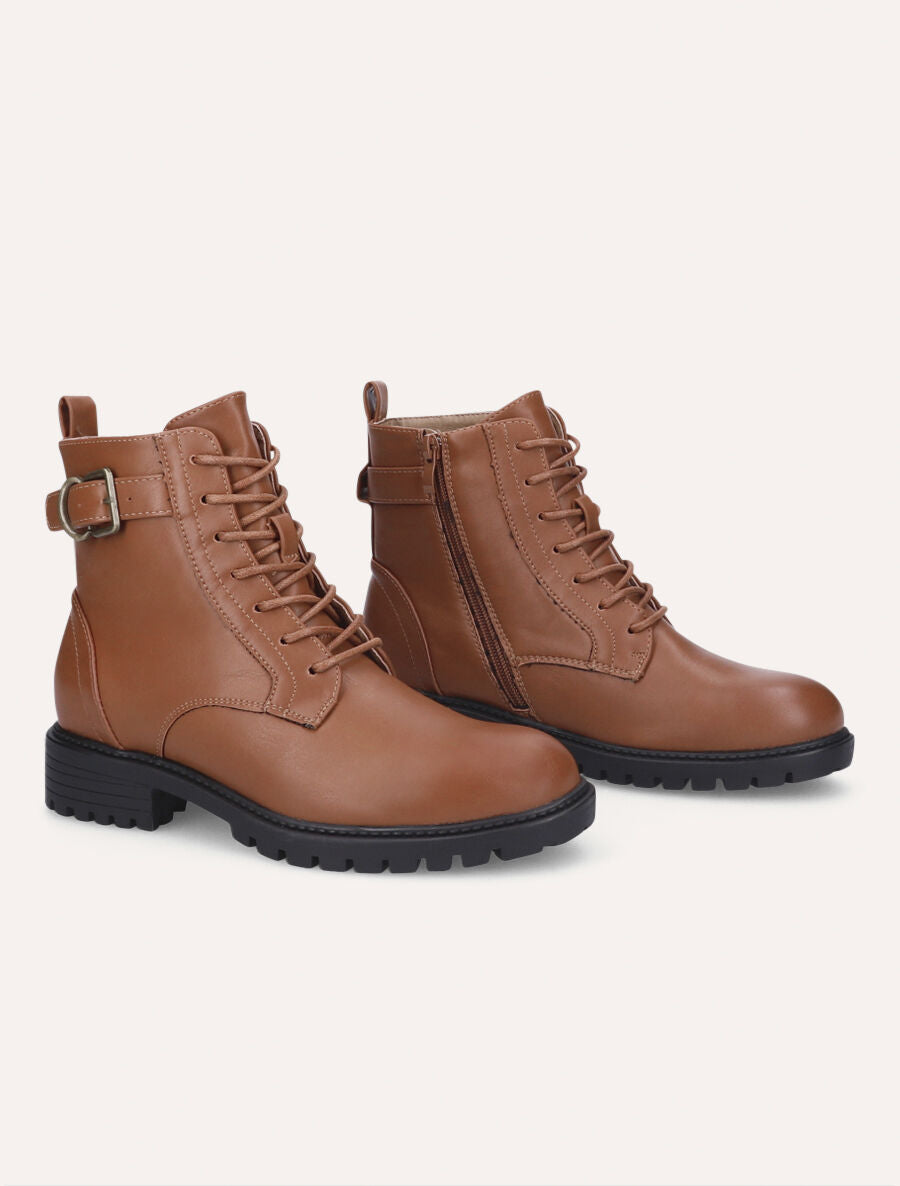Bottines à lacets et semelle crantée - Camel - 4