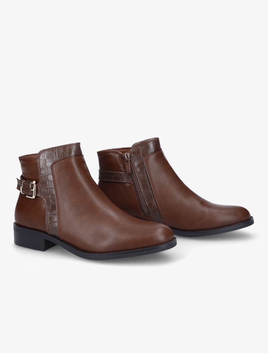 Bottines à boucle et empiècement croco - Marron - 4