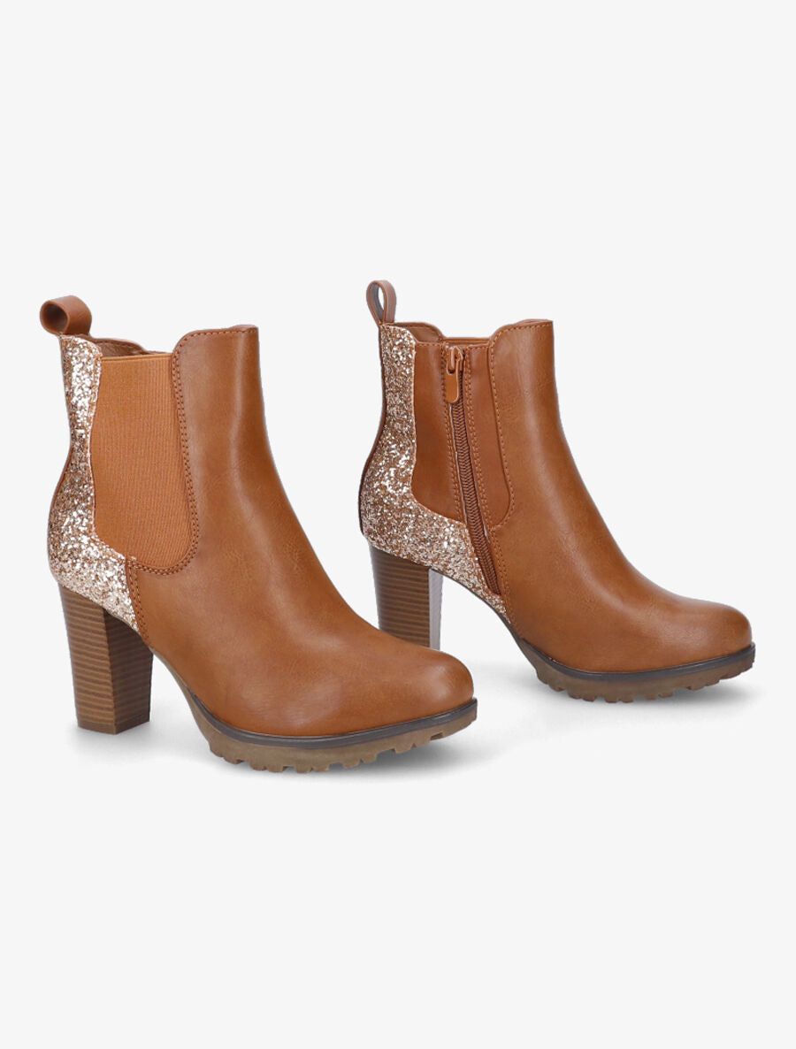 Bottines à talon et paillettes - Camel - 4