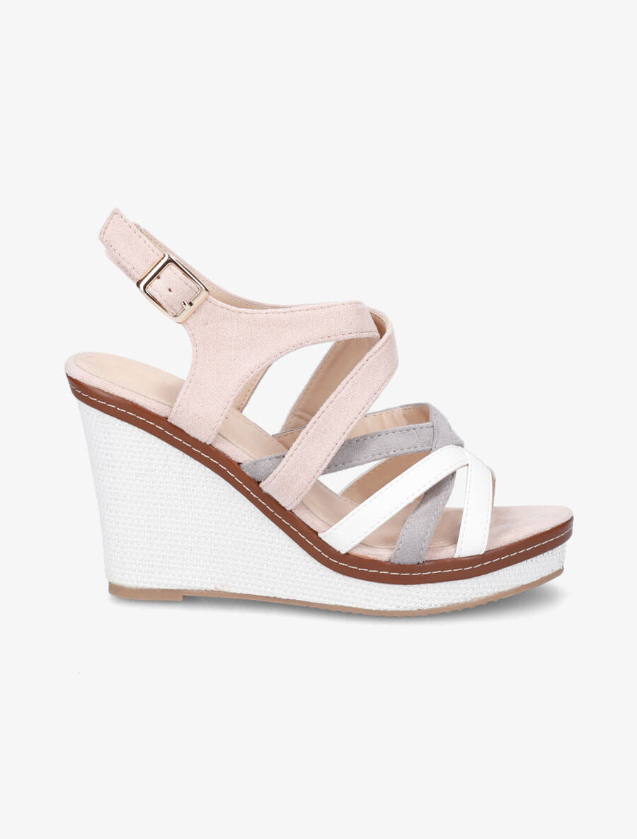 Sandales compensées en suédine et simili - Rose - 1