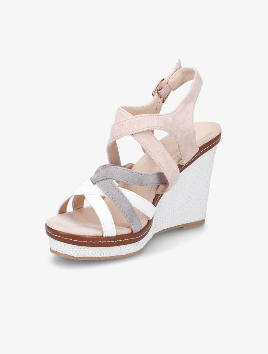 Sandales compensées en suédine et simili - Rose - 3