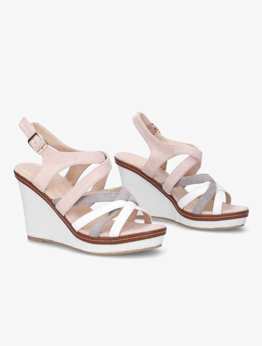 Sandales compensées en suédine et simili - Rose - 4