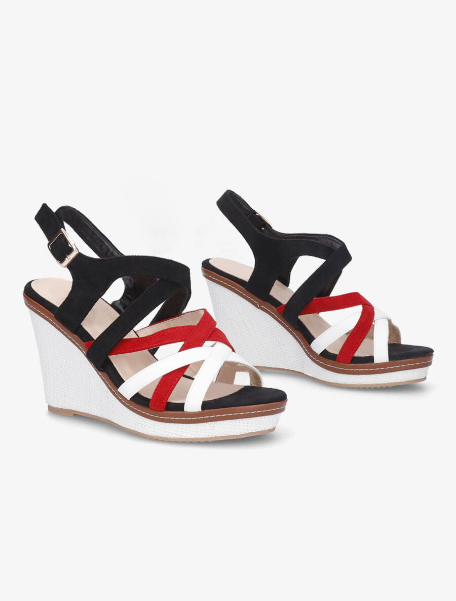 Sandales compensées en suédine et simili - Noir - 4