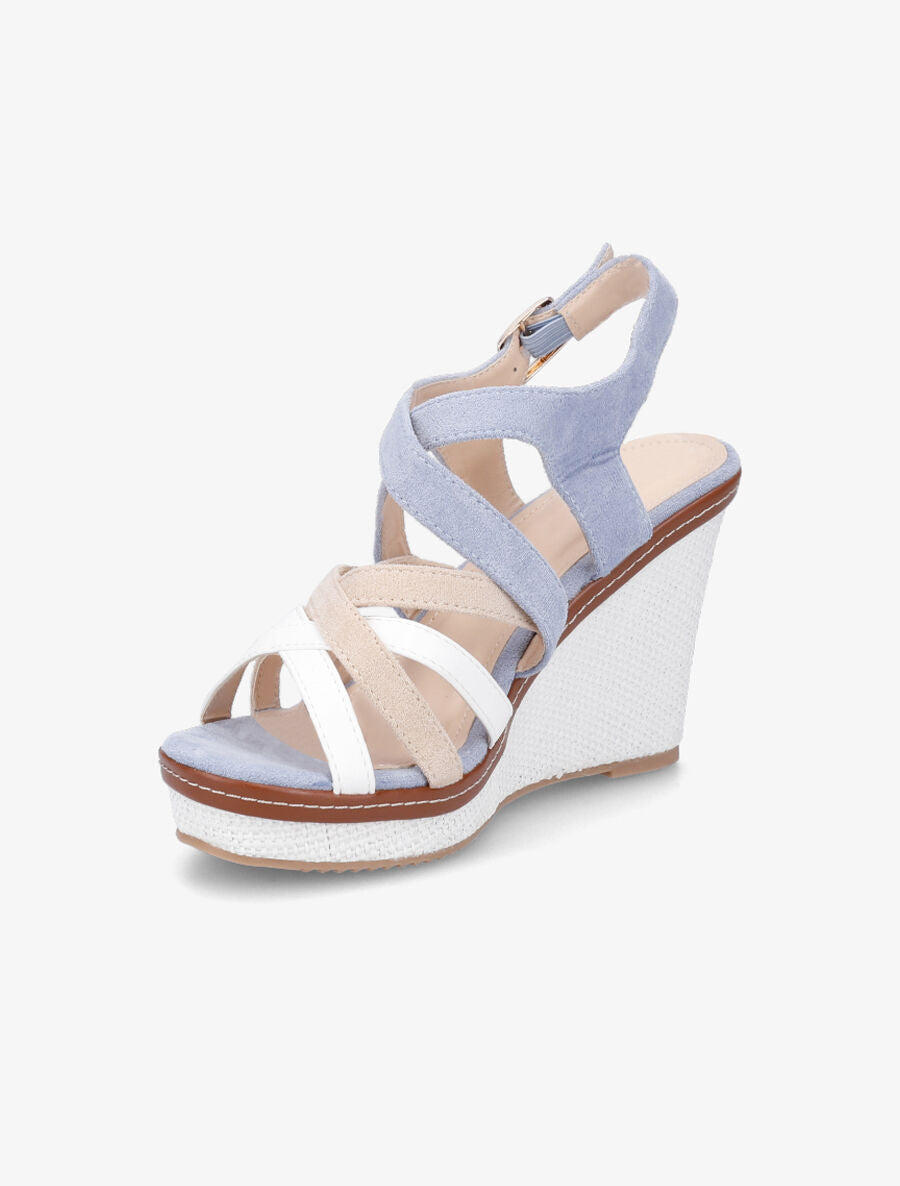 Sandales compensées en suédine et simili - Bleu ciel - 3