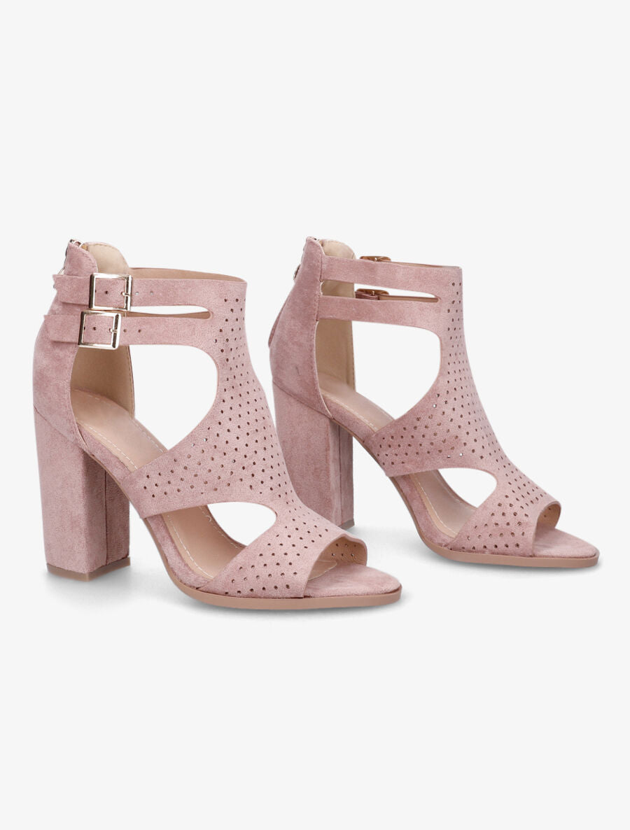 Sandales à talon haut en suédine perforée - Rose - 4