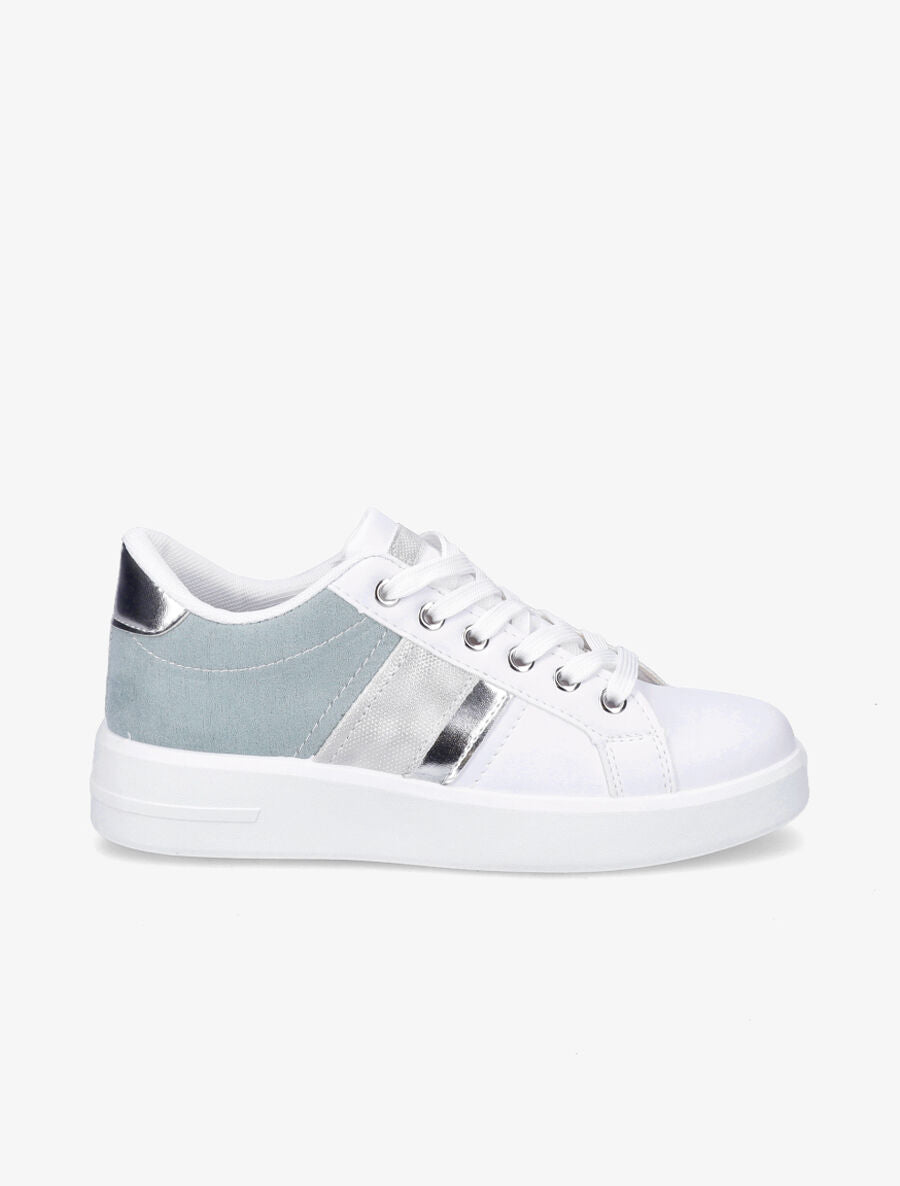 Sneakers en simili et suédine et bandes irisées - Bleu gris - 5