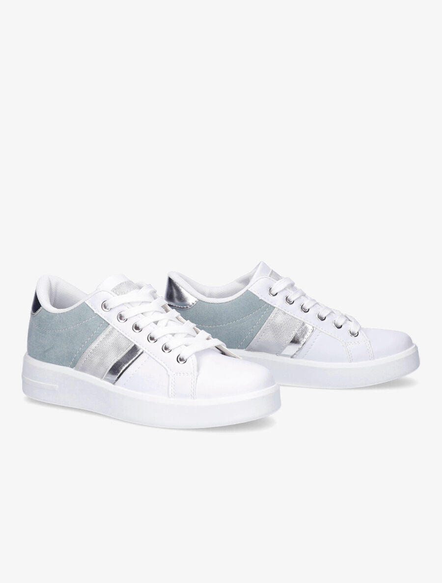 Sneakers en simili et suédine et bandes irisées - Bleu gris - 4