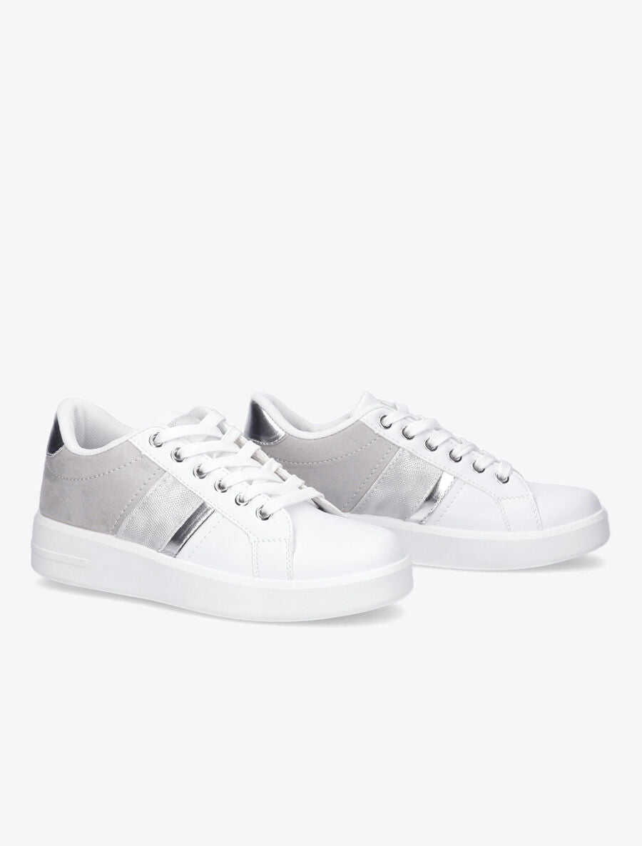 Sneakers en simili et suédine et bandes irisées - Argent - 4