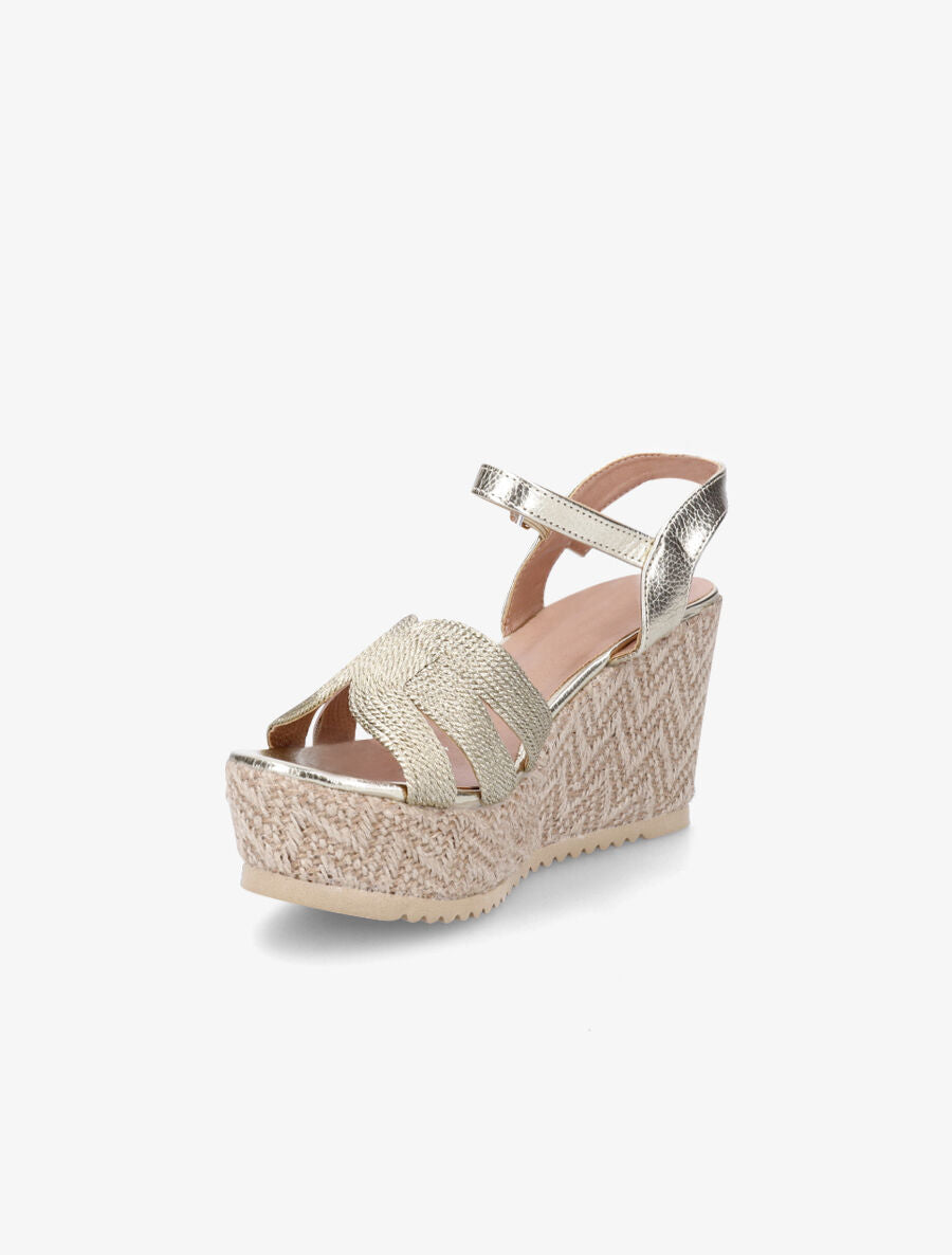 Sandales compensées en simili et tissu - Or - 3