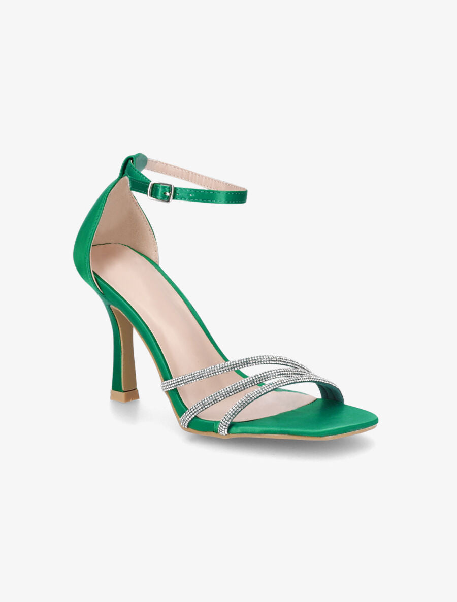 Sandales satinées à talon aiguille et strass - Vert - 2