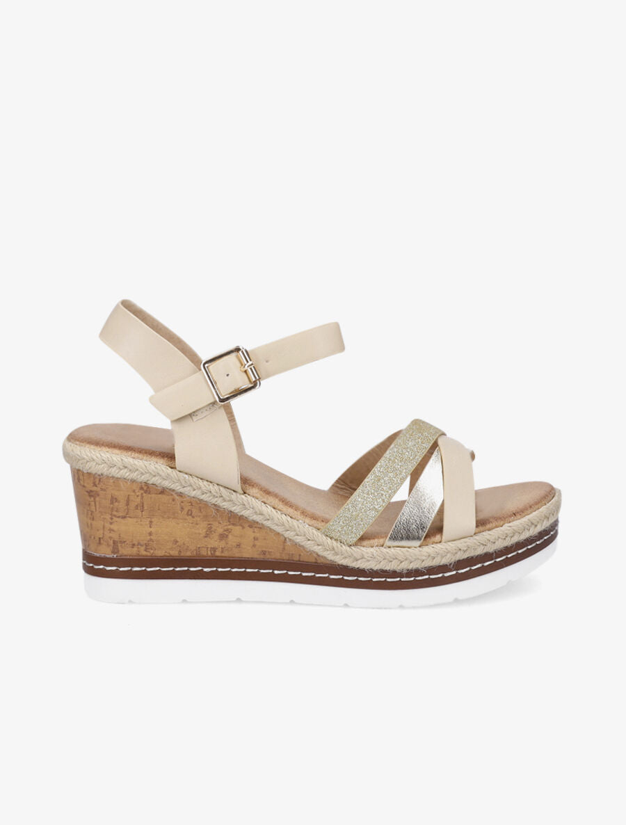 Sandales compensées effet liège et brides irisées - Beige - 1