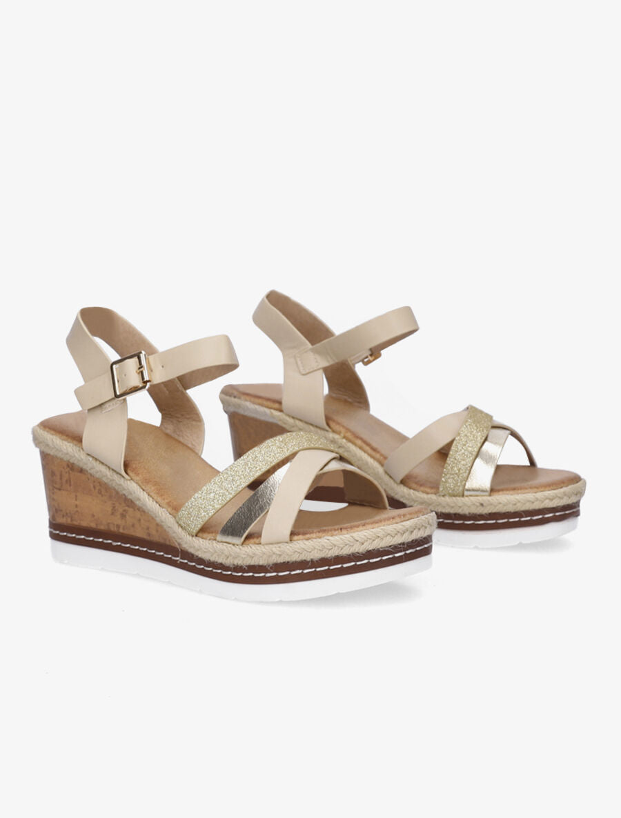 Sandales compensées effet liège et brides irisées - Beige - 4