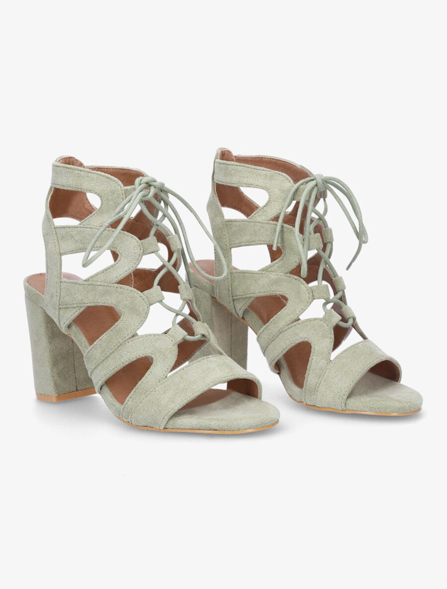 Sandales ajourées à talon en suédine et lacets - Vert clair - 4