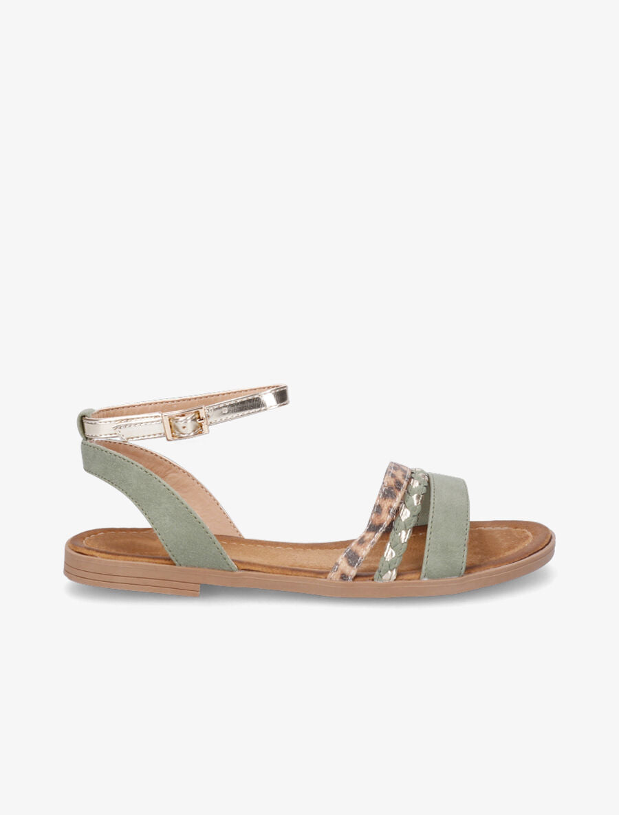 Nu-pieds à triples brides imprimé léopard et tressées - Vert d&