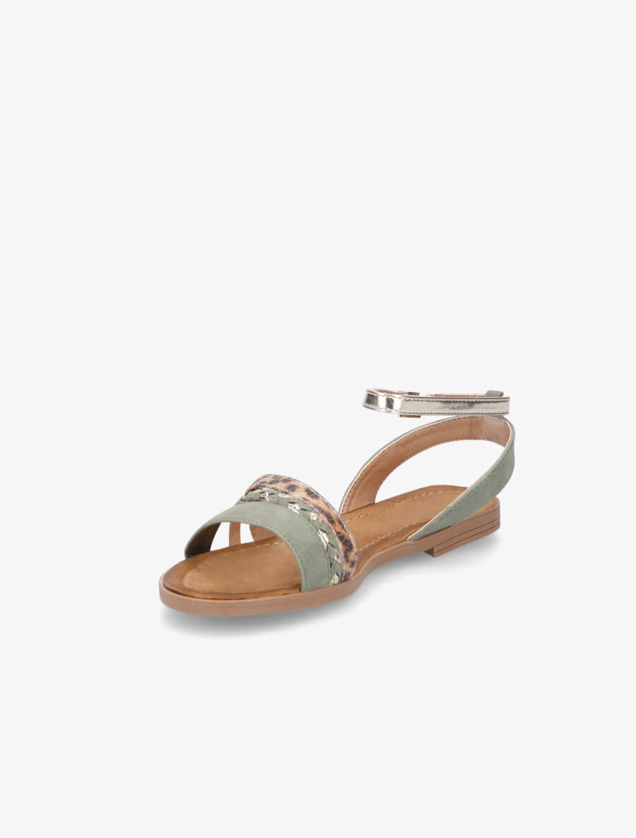Nu-pieds à triples brides imprimé léopard et tressées - Vert d&