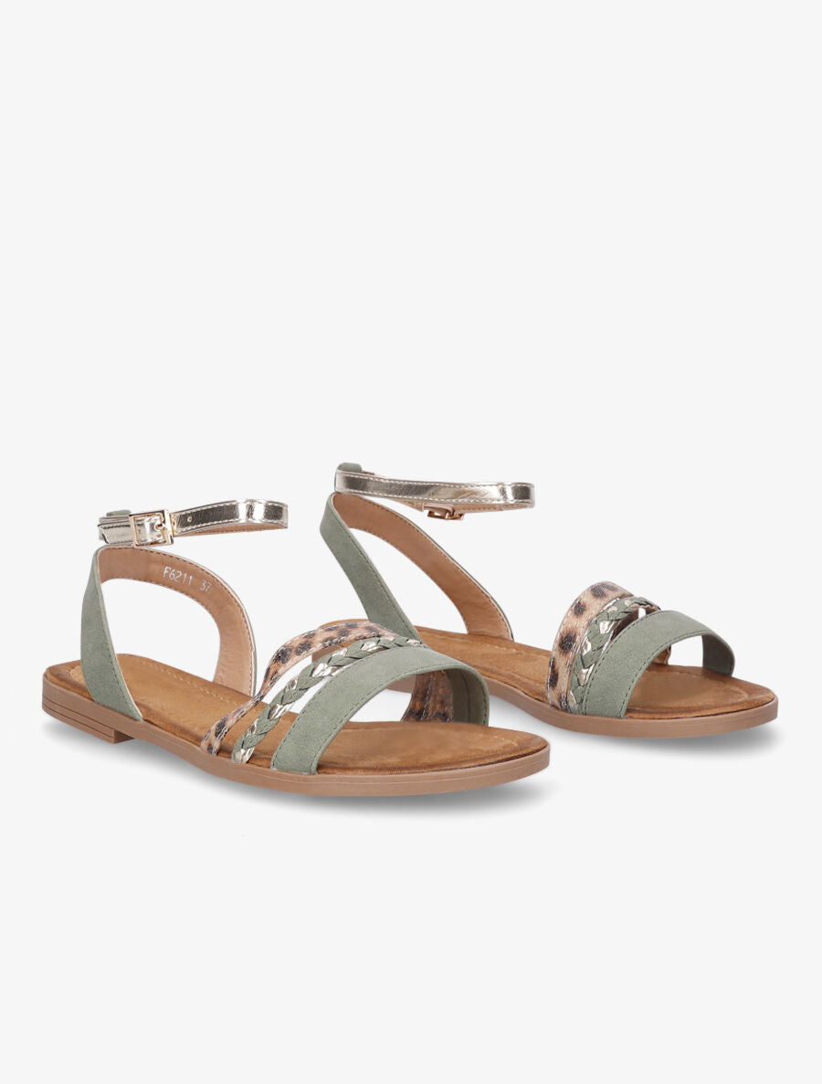 Nu-pieds à triples brides imprimé léopard et tressées - Vert d&
