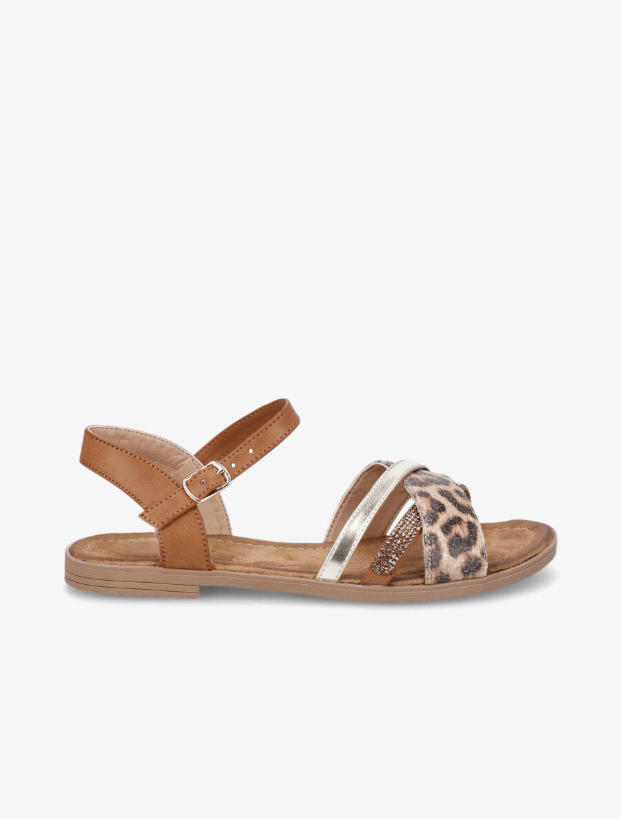 Nu-pieds à strass et bride léopard - Camel - 1