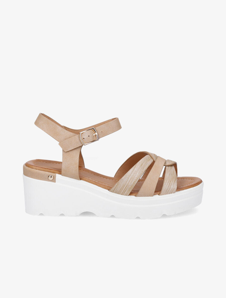 Sandales compensées irisées à brides croisées - Beige - 5