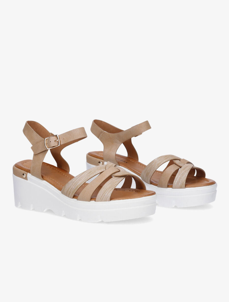 Sandales compensées irisées à brides croisées - Beige - 4