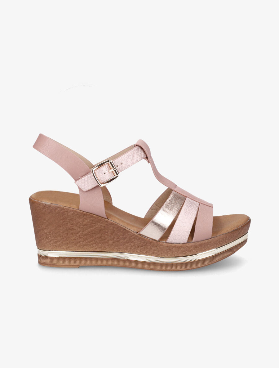 Sandales compensées effet bois et empiècement métallique - Rose gold - 5