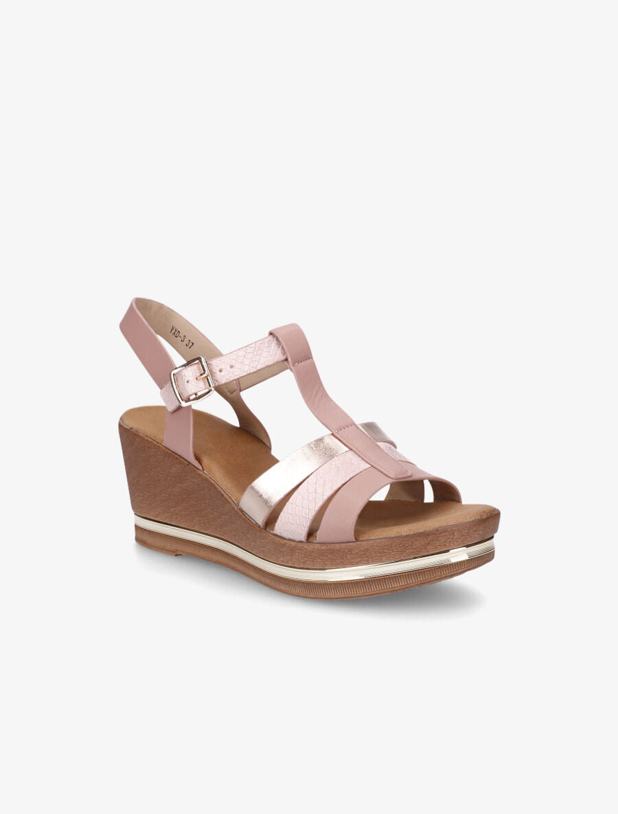 Sandales compensées effet bois et empiècement métallique - Rose gold - 2