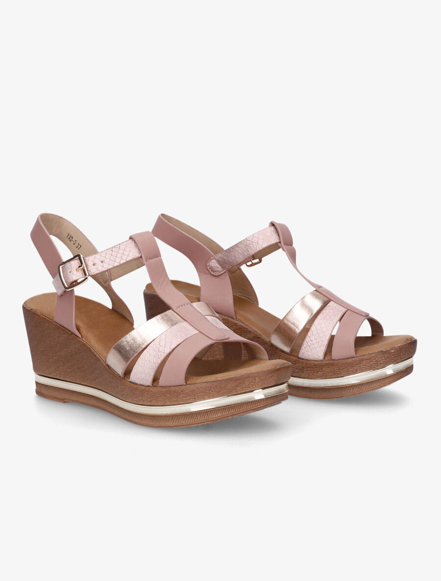 Sandales compensées effet bois et empiècement métallique - Rose gold - 4