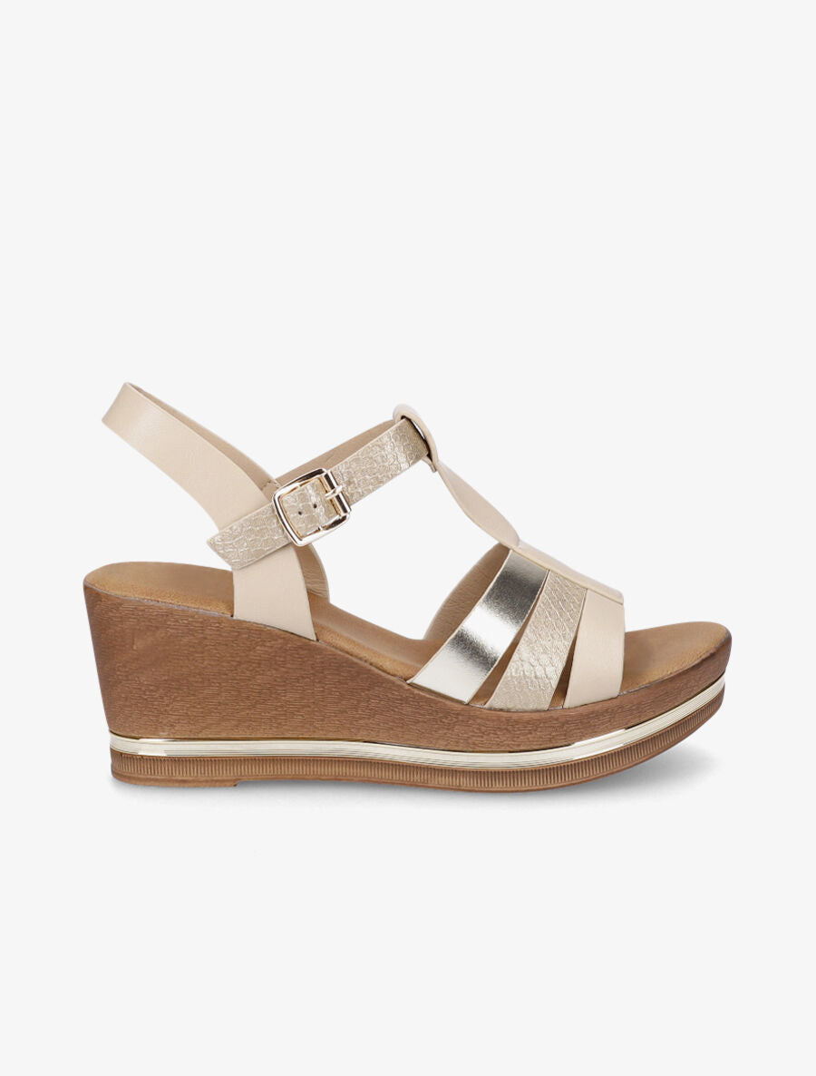 Sandales compensées effet bois et empiècement métallique - Or - 1