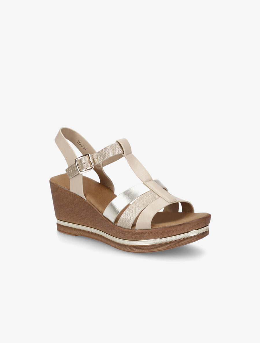 Sandales compensées effet bois et empiècement métallique - Or - 2