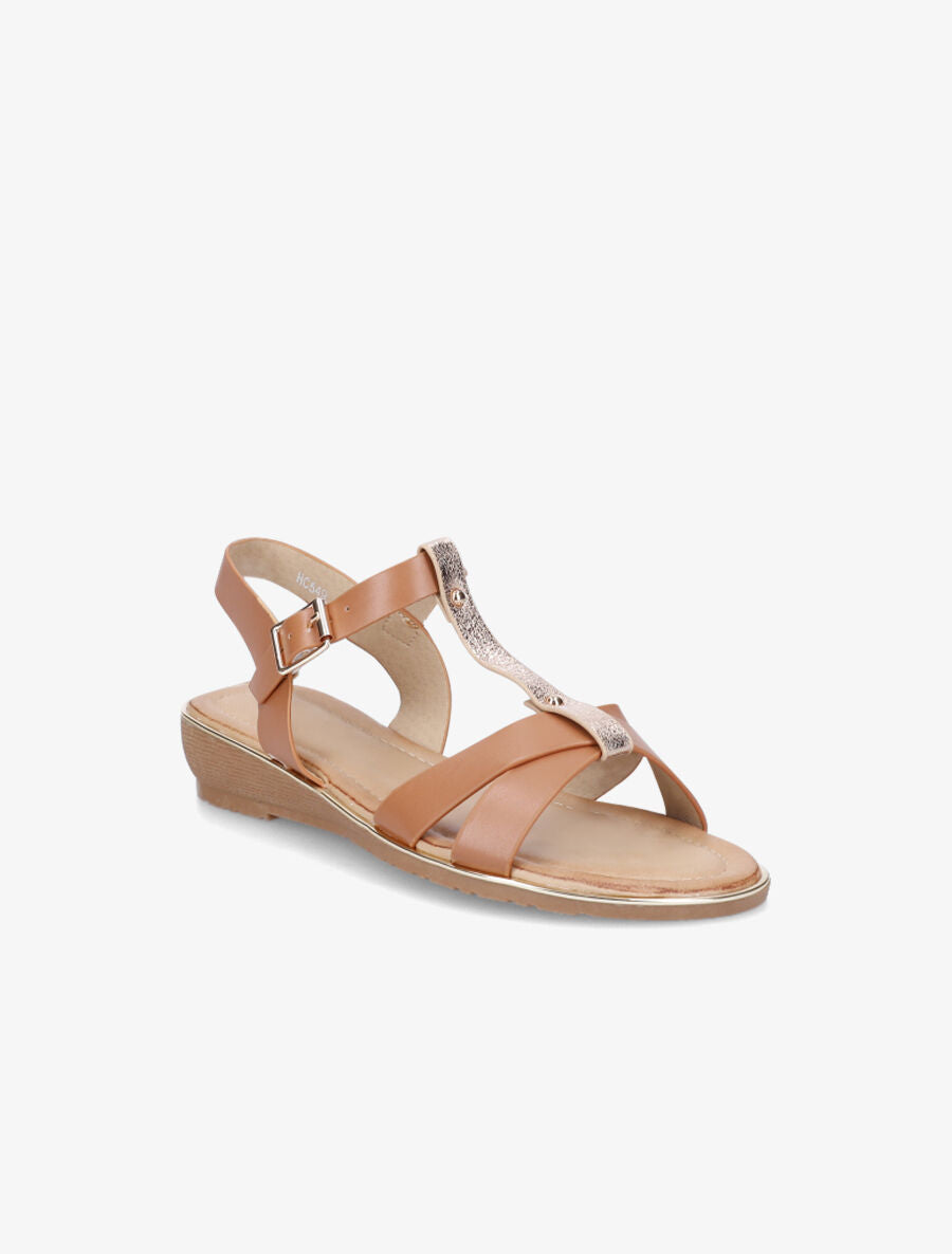 Sandales semi-compensées à bride en T - Camel - 2