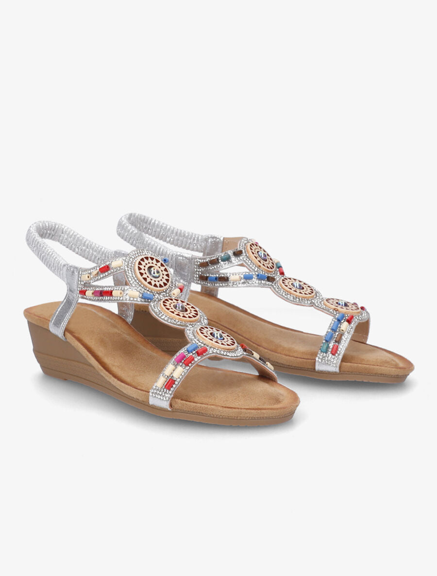 Sandales compensées à strass et perles - Argent - 4