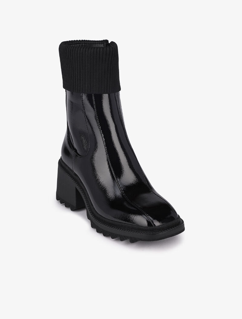 Bottines vernies à bouts carrés et rabats en tissu cotelé - Noir - 2