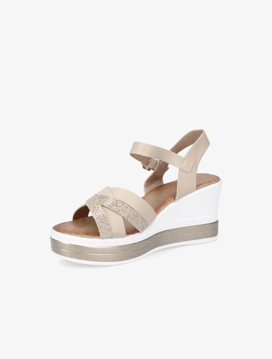 Sandales compensées en simili à ganses irisées - Beige - 3