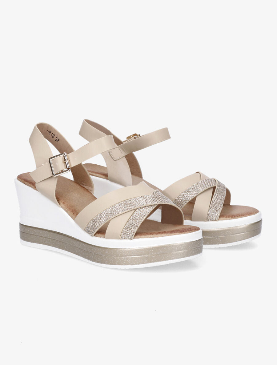 Sandales compensées en simili à ganses irisées - Beige - 4