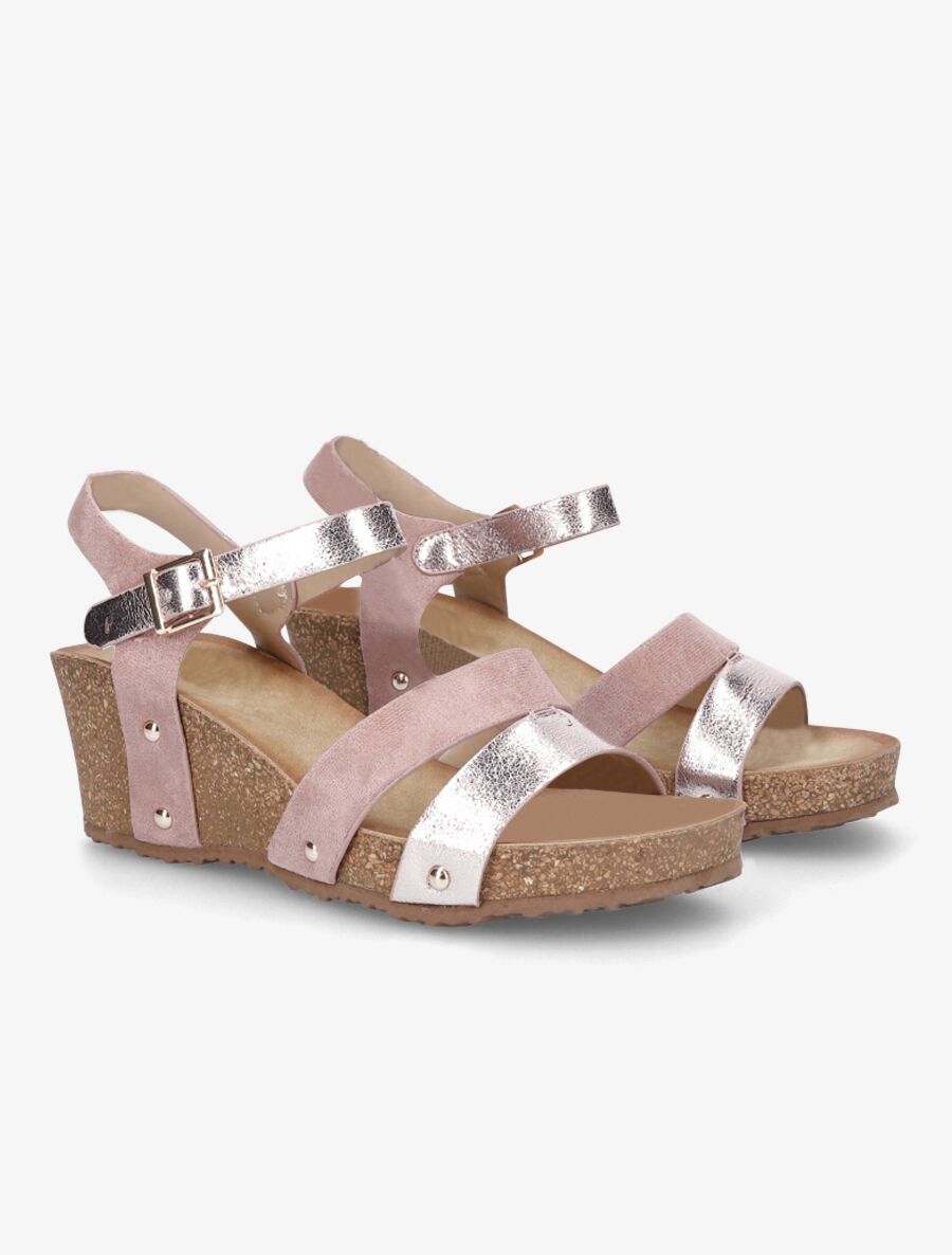 Sandales compensées effet liège et ganses bi-matière - Rose - 4