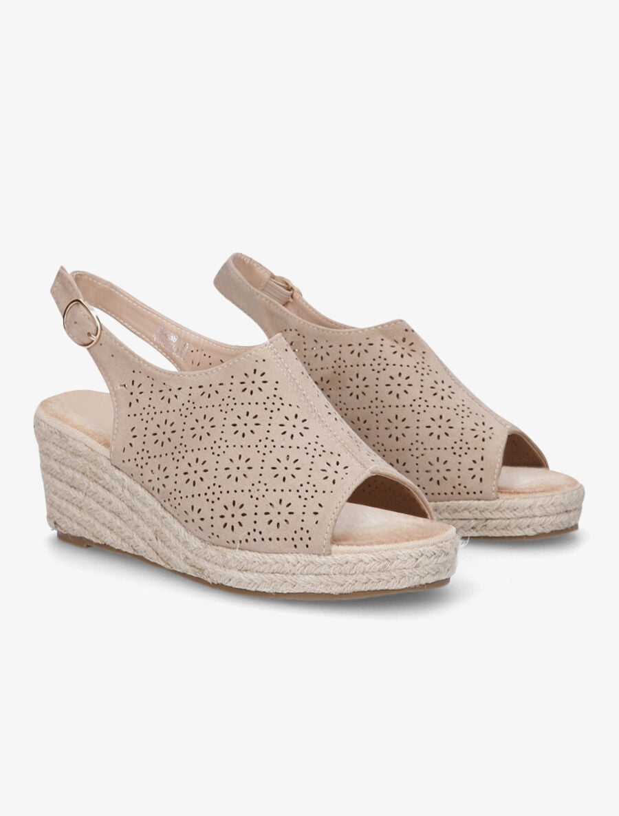 Sandales compensées en suédine ajourée - Beige - 4