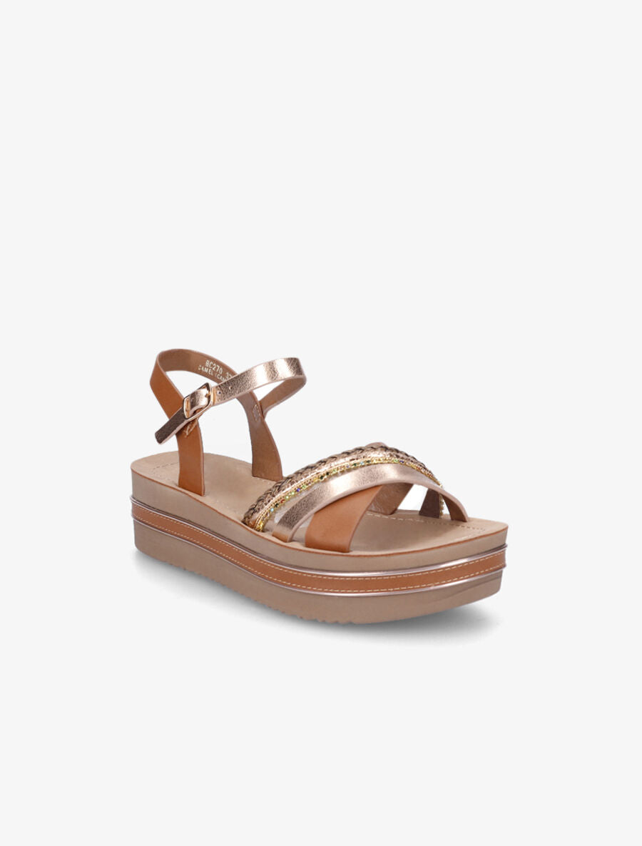 Sandales plateforme à strass - Camel - 2