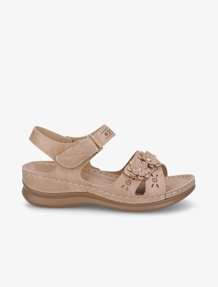 Sandales compensées à scratch et strass - Beige - 1